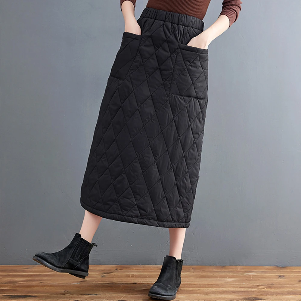 Women's Winter Padded Long Skirt Quilted Elastic Waist Warm Skirt