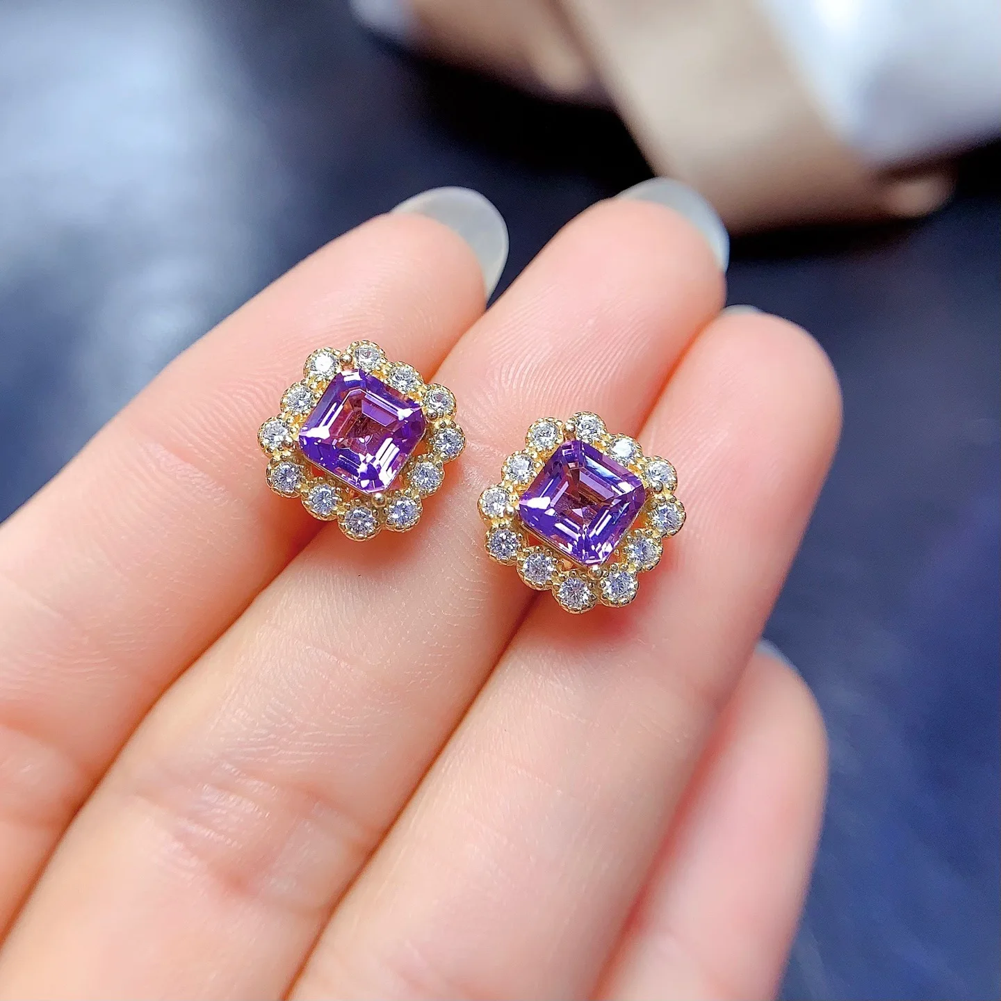 KJJEAXCMY Girl 6x6mm Natural Amethyst Cut Pendant Necklace Ring Earnail Set 925 Pure Silver Plated Gold Clearance Sale Gift