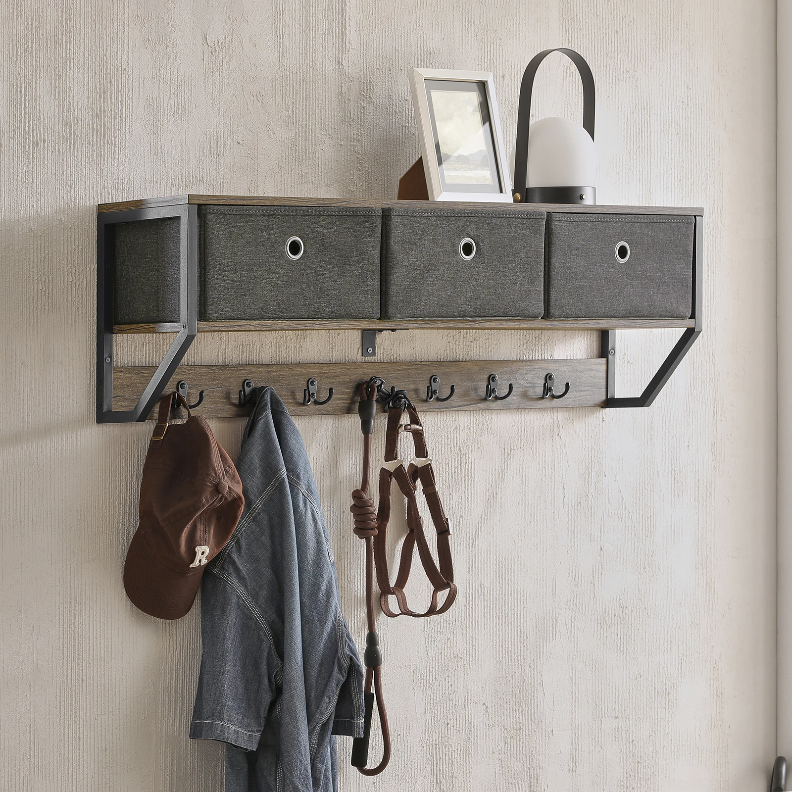 SoBuy FHK26-N Pared armario pasillo armario vestidos gancho percha sin materia con 3 cestas y 7 ganchos armario vintage BHT aprox. : 100x30x20c