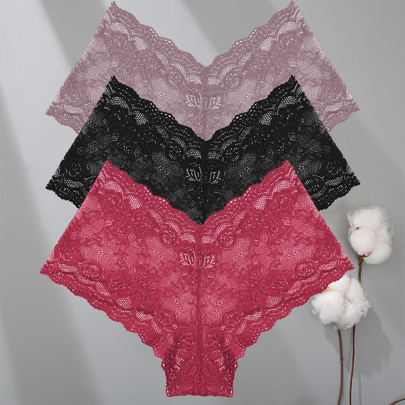 3 teile/satz Frauen sexy Spitze Höschen solide Blumen Perspektive niedrige Taille weibliche Unterwäsche Boxer atmungsaktive weiche intime Dessous