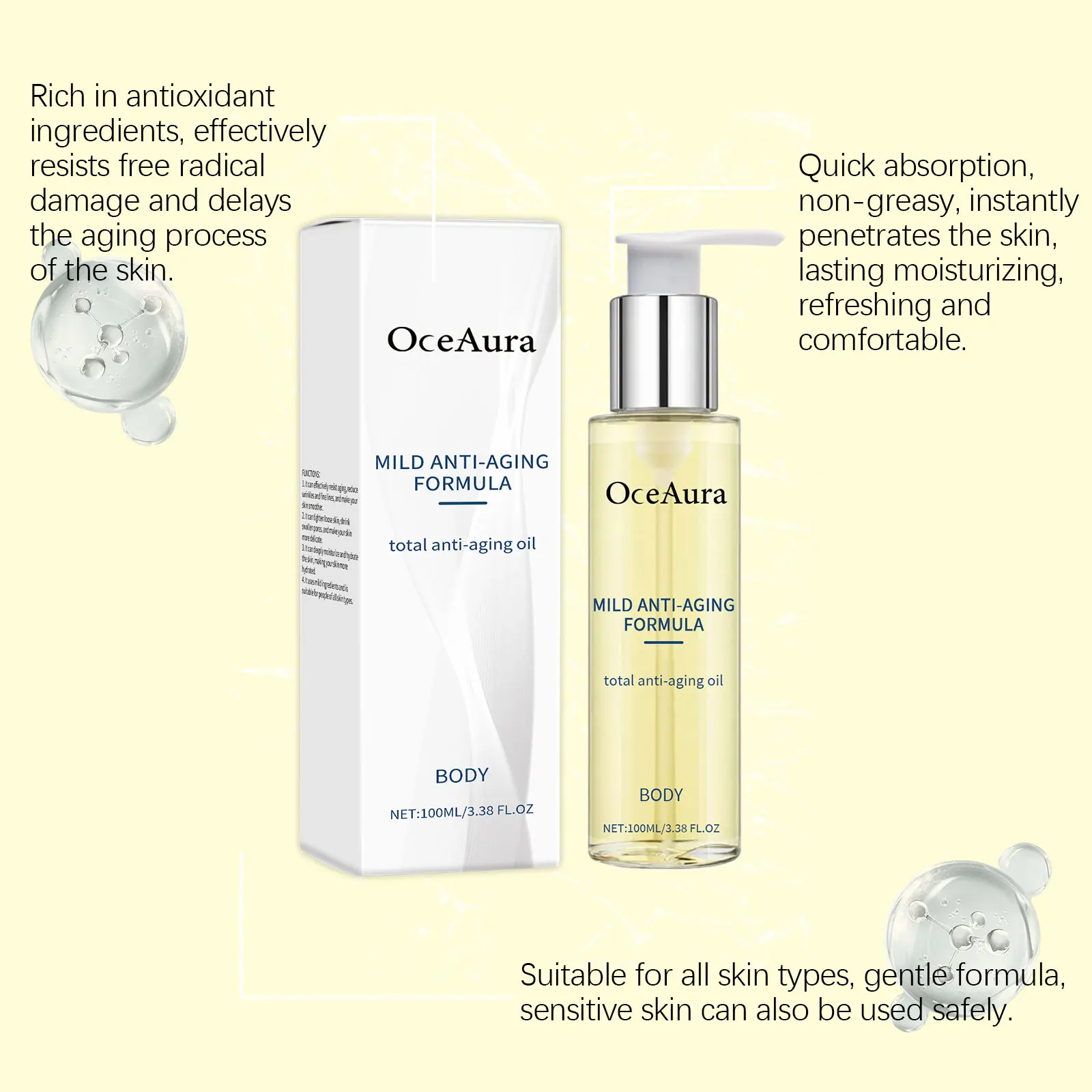 Oceaura زيت العناية بالبشرة للجسم مغذي خفيف يمنع الشيخوخة وإزالة التجاعيد وتحسين النعومة وتقليص المسام وزيت الجسم المرطب