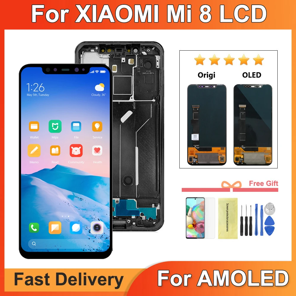 

AMOLED Screen For Xiaomi Mi 8 LCD Display Touch Screen Digitizer For Xiaomi M1803E1A LCD Mi 8 Replacement Parts