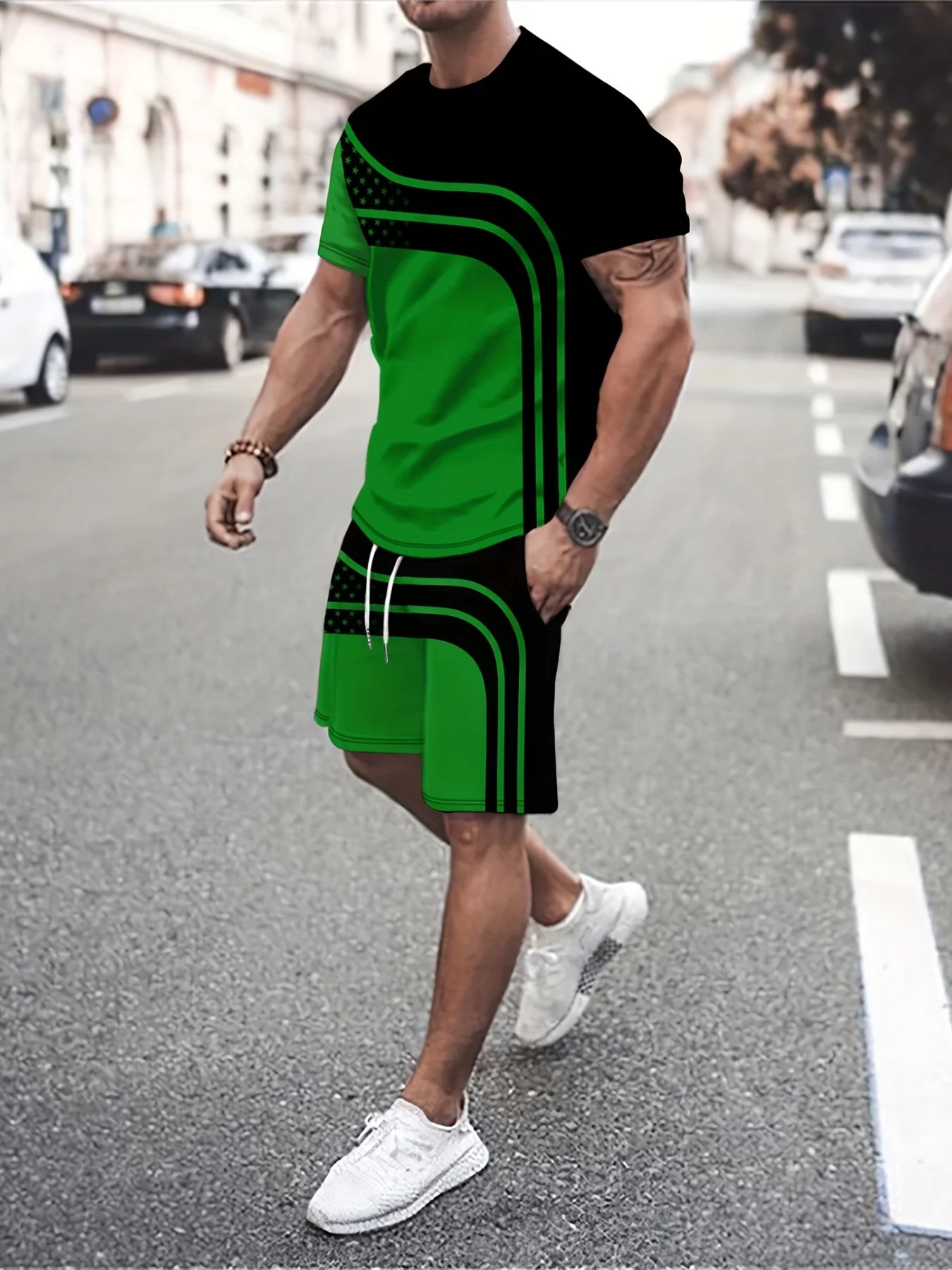 

Hot Selling 2 Pieces Trendy Color Block Outfit Set O Neck Short Sleeve Tracksuit T-shirt Shorts Suit Men Outdoor Sports Clothes