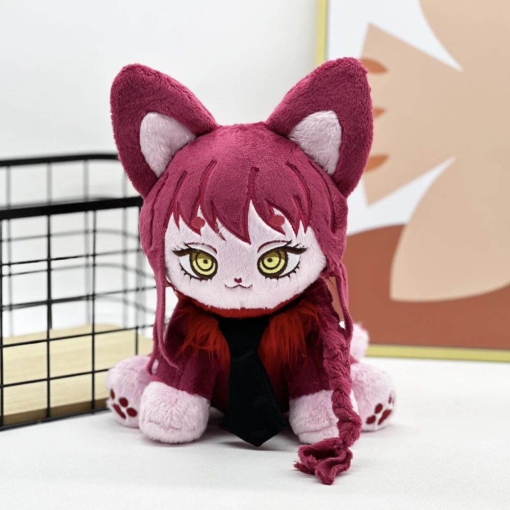 28cm Maroon Cat Plush Toy with Yellow Eyes & Black Tie - Soft & Stylish Character for Collectors & Fans