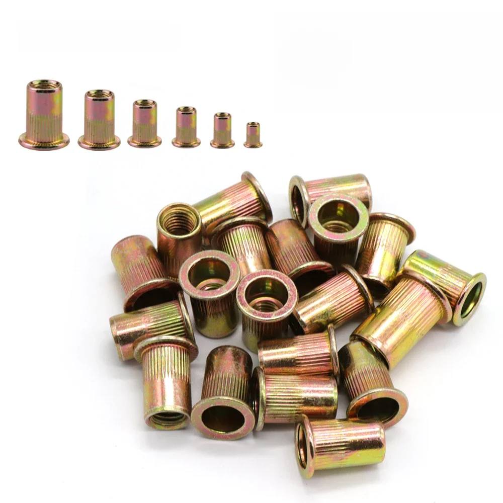 20/50pcs M3 M4 M5 M6 M8 M10 M12 Écrous à rivets à tête plate Fileté Insert Bouchon pour écrou de riveteuse Pistolet en acier au carbone zingué