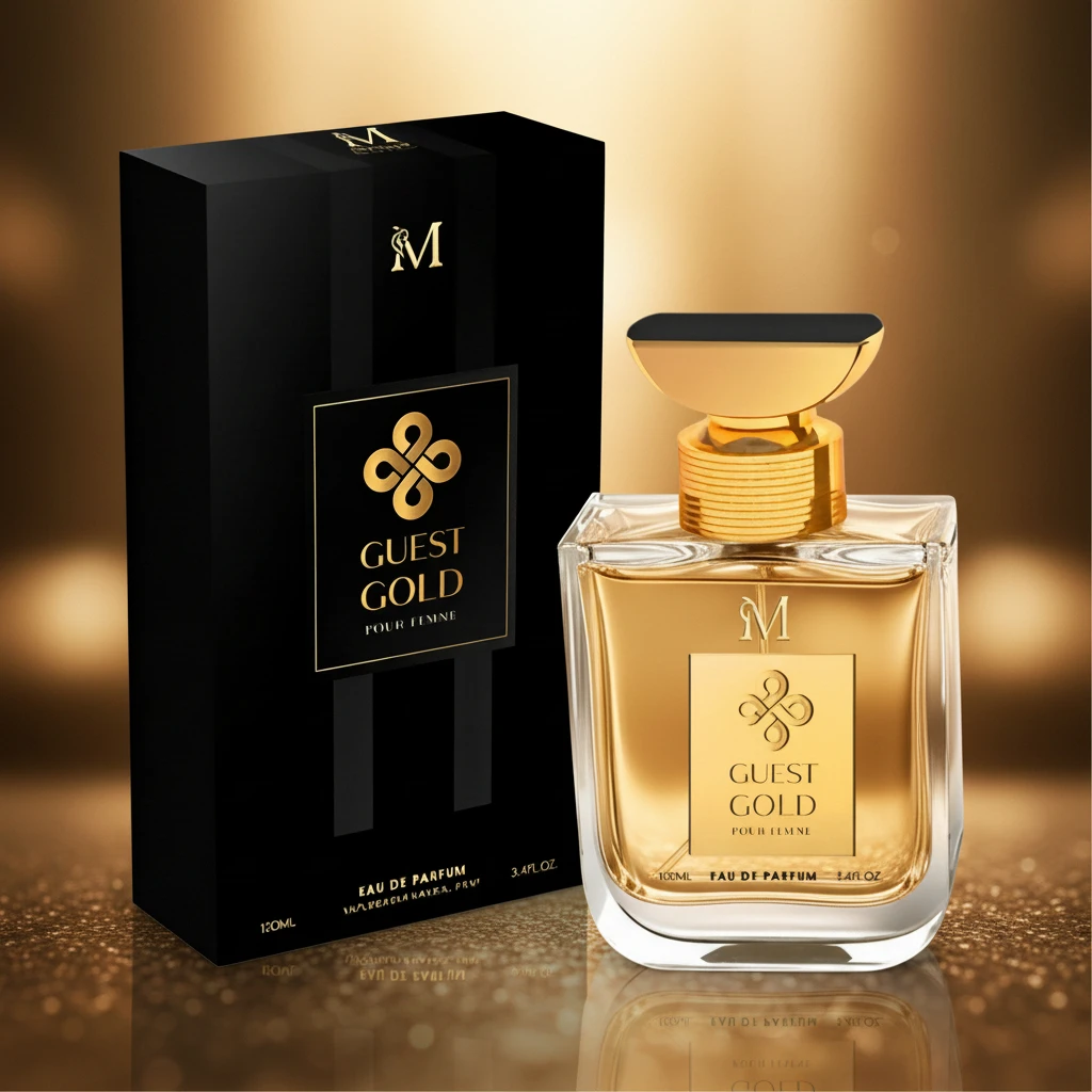 Guest Gold Pour Femme 80ml - Montage Brands. Parfum floral oriental sophistiqué avec des notes de fleur d'oranger, de rose sensuelle, des touches d'agrumes, de cannelle, de vanille et une base d'ambre.