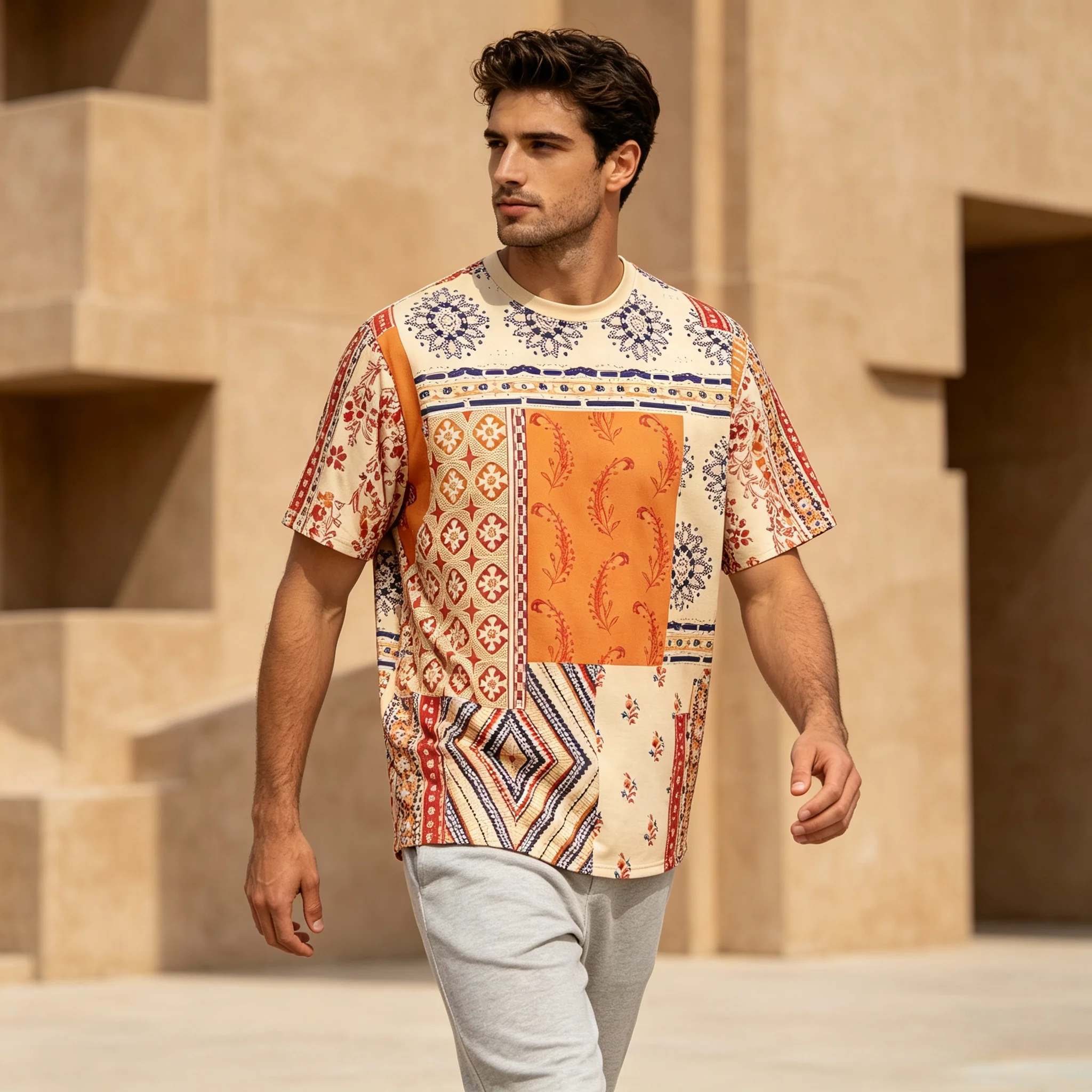 Boho Ethnic Patchwork Graphic T Shirt Men Retro Floral Geometric Print Loose Short Sleeve Holiday Top