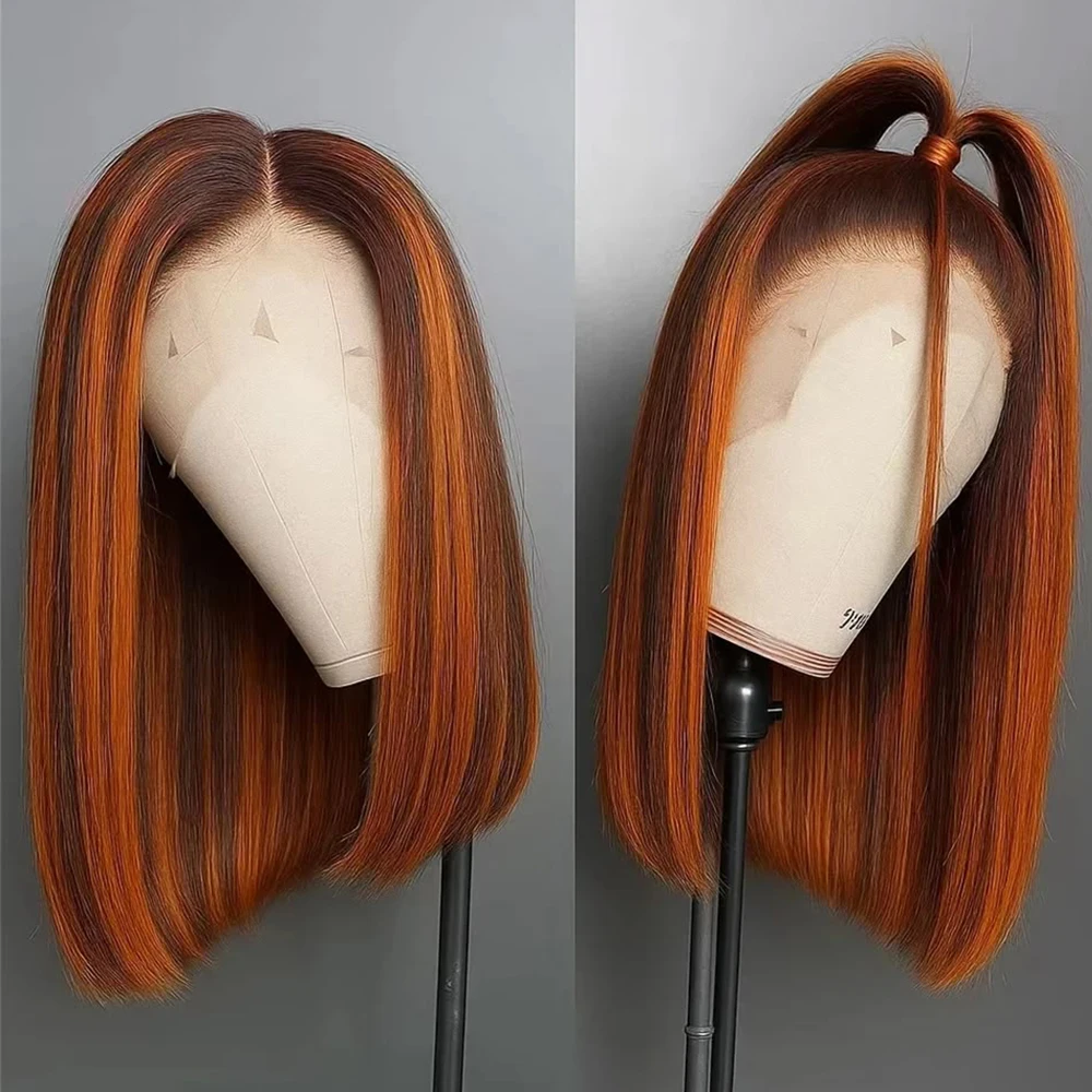 13x4 Straight Lace Front Bob Wig 100% Human Hair Wigs Ginger Orange 200% Density Highlight 4-350 Color Pre Plucked Short Bob Wig