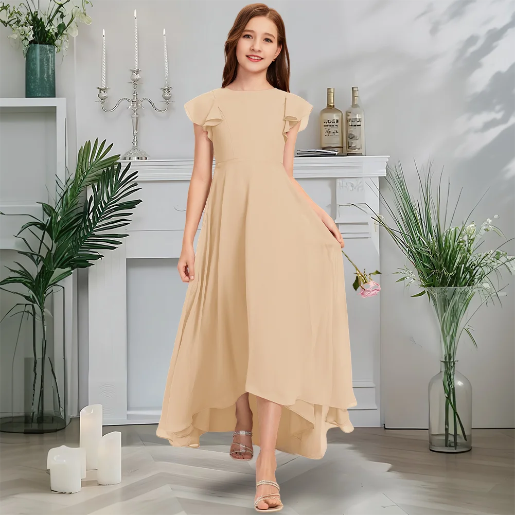 

Luxurious Scoop Junior Bridesmaid Dress Twilight Mauve Flower Girl Dress Asymmetrical Chiffon With Cascading Ruffles Wedding