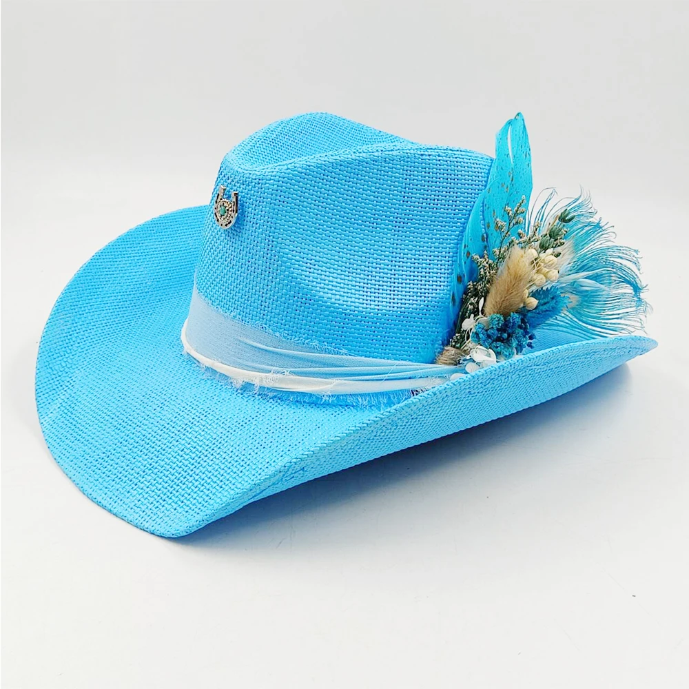 Summer Straw Hat Women's Cowboy Hat Blue Painted Retro Jazz Cowboy Straw Hat Wide Brim Hat Party Cowboy Hat