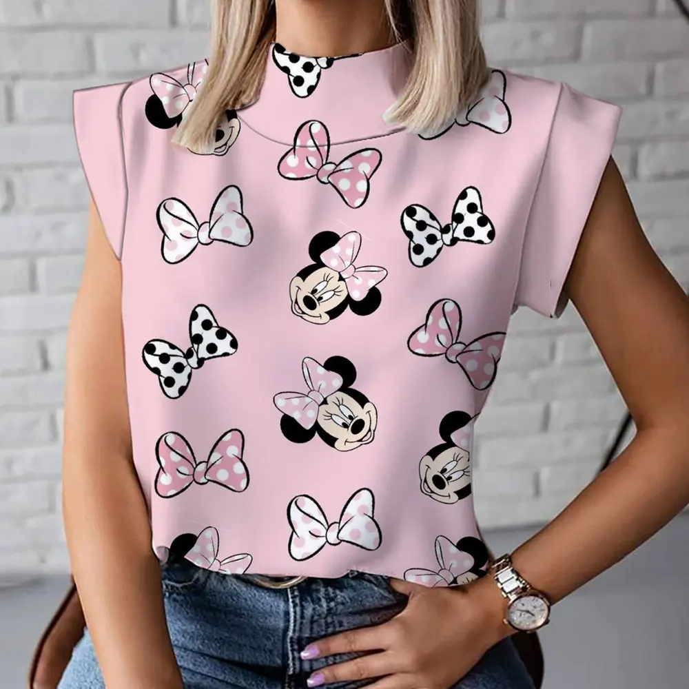 

2023 Summer New Fashion Casual Versatile Mickey and Minnie Cartoon Pattern 3D Women's Harajuku Street High Neck T-Shirt Vest