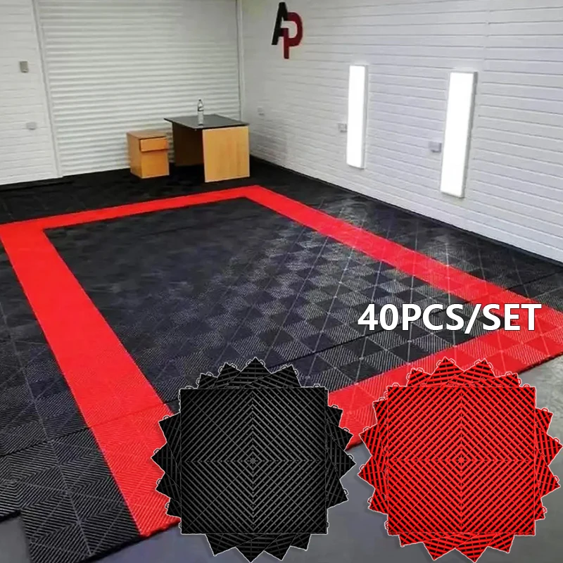 Juego de suelo de garaje, 40 Uds., negro y rojo, 40x40x1,8 cm, losas entrelazadas para suelo de garaje, sala de lavado de coches, azulejo de rejilla de empalme de polipropileno