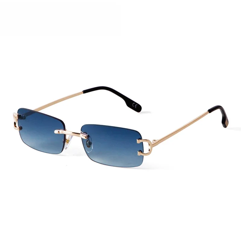 Blaue randlose rechteckige Sonnenbrille Männer Marken design Metall Mode quadratische Sonnenbrille