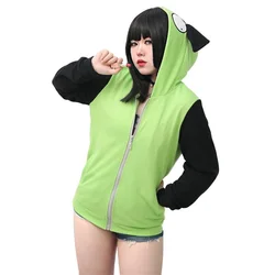 Invader Cosplay Zim Hoodie Halloween Costume Casual Hooded Zip Up Pullovers Jackets Sweatshirts with Ears for Halloween Costume