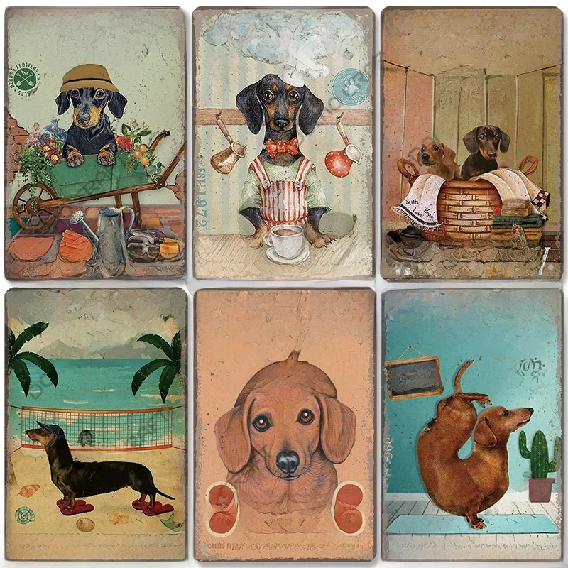 Cute Pet Dogs Poster Metal Tin Signs Vintage Bulldog Dachshund Metal Plaque Wall Art Decor for Coffee Shop Kitchen Garden Home — zdjęcie 2