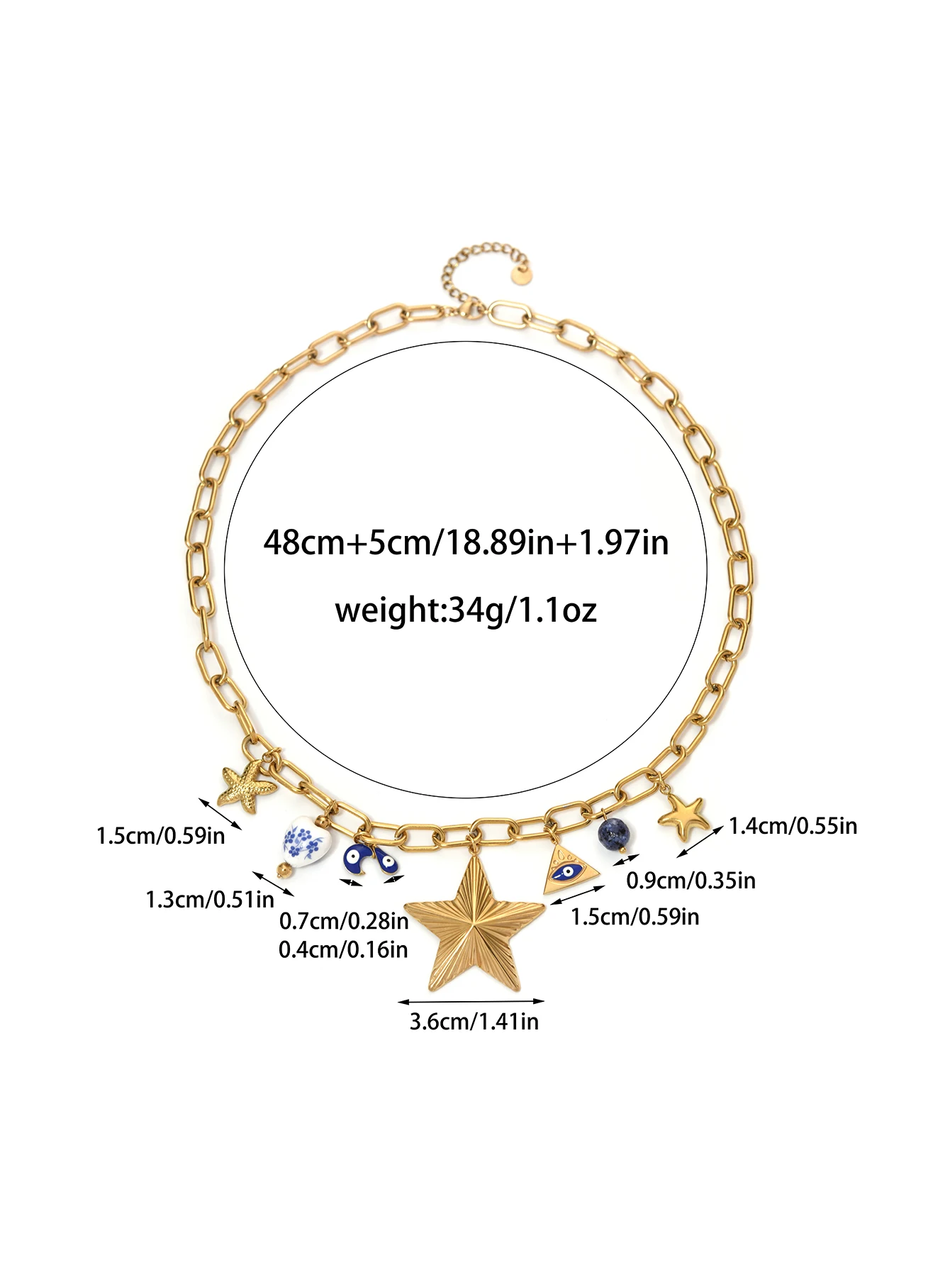 قلادة نسائية على شكل نجمة نجم البحر باللونين الأزرق والأبيض من البورسلين وعيون سلسلة المحيط من الفولاذ المقاوم للصدأ مقاومة للماء فريدة من نوعها #5