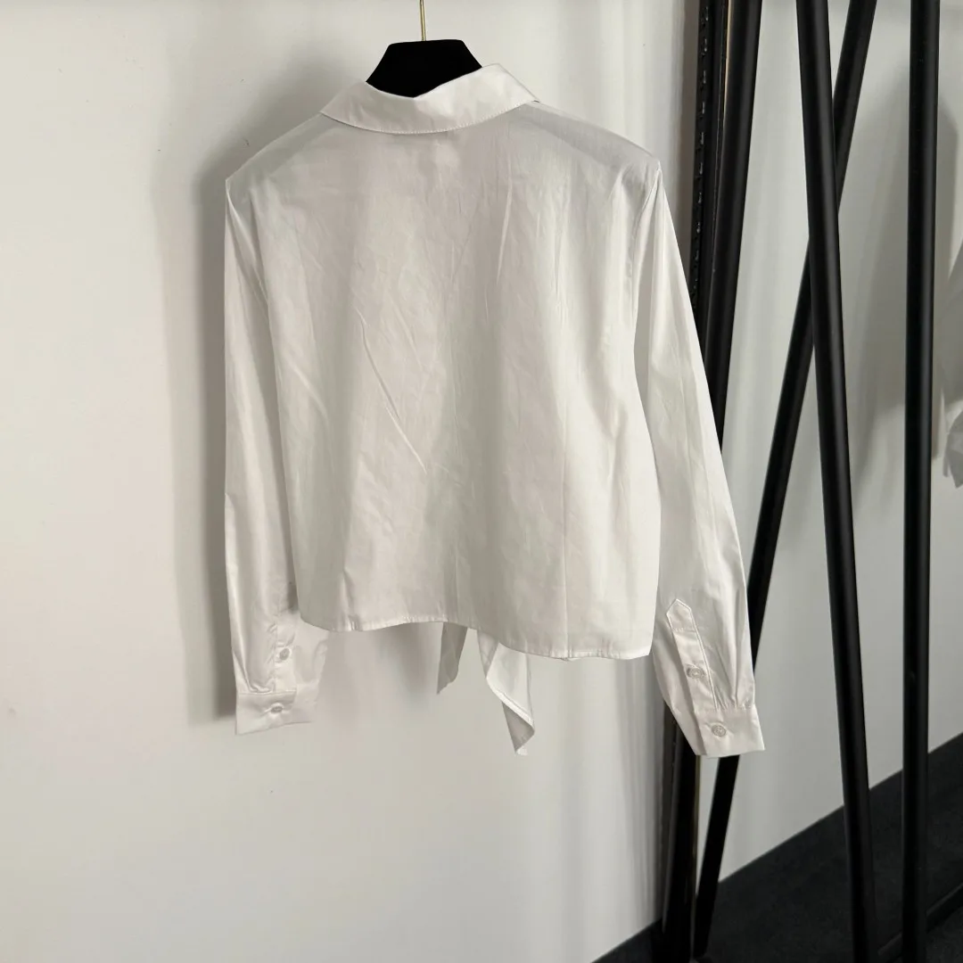 

Новинка 2025, однотонная рубашка с вышивкой и пуговицами, с длинными рукавами, хлопковый бант, универсальная, для похудения, обтягивающая фигуру зима-осень