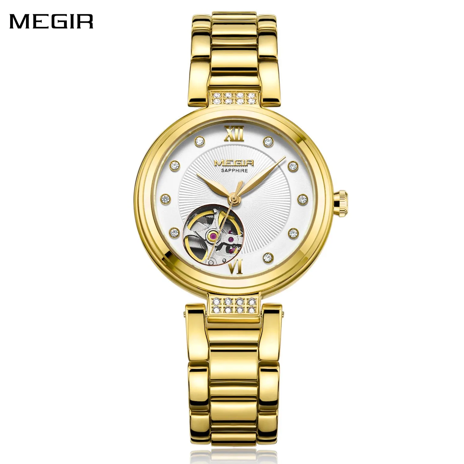 MEGIR Luxury Stainless Steel Gold Women Bracelet Watch Large Dial Automatic Mechanical Wrist Watches Ladies Business Watch Clock