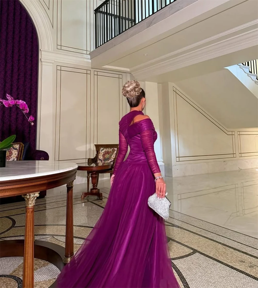 Sansa Customized Purple A-line Multilayer Pleats Elegant Prom Dresses Long Sleeve Vestidos De Noche Floor-Length Formal Evening