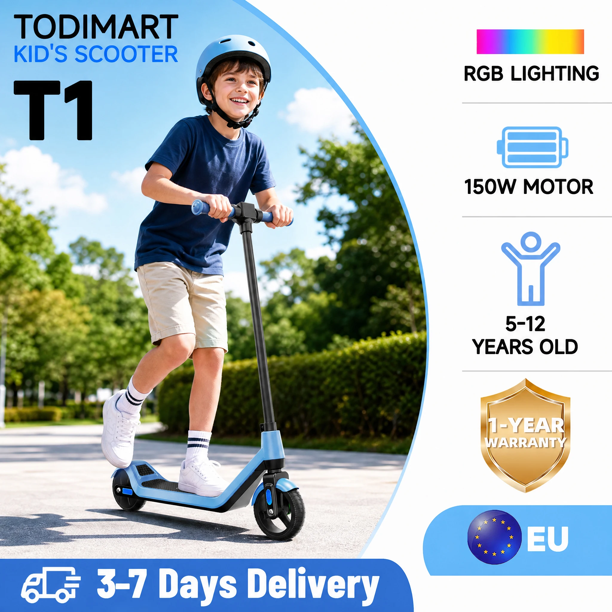 Monopattino elettrico per bambini, 3 velocità, Bluetooth, schermo LED, luci colorate, leggero e portatile, regalo ideale per bambini dai 5 ai 12 anni