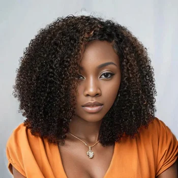 Perruque Bob Lace Wig sans colle naturelle, cheveux crépus bouclés, coupe courte, 9x6 HD, densité 4/27, balayage 250%