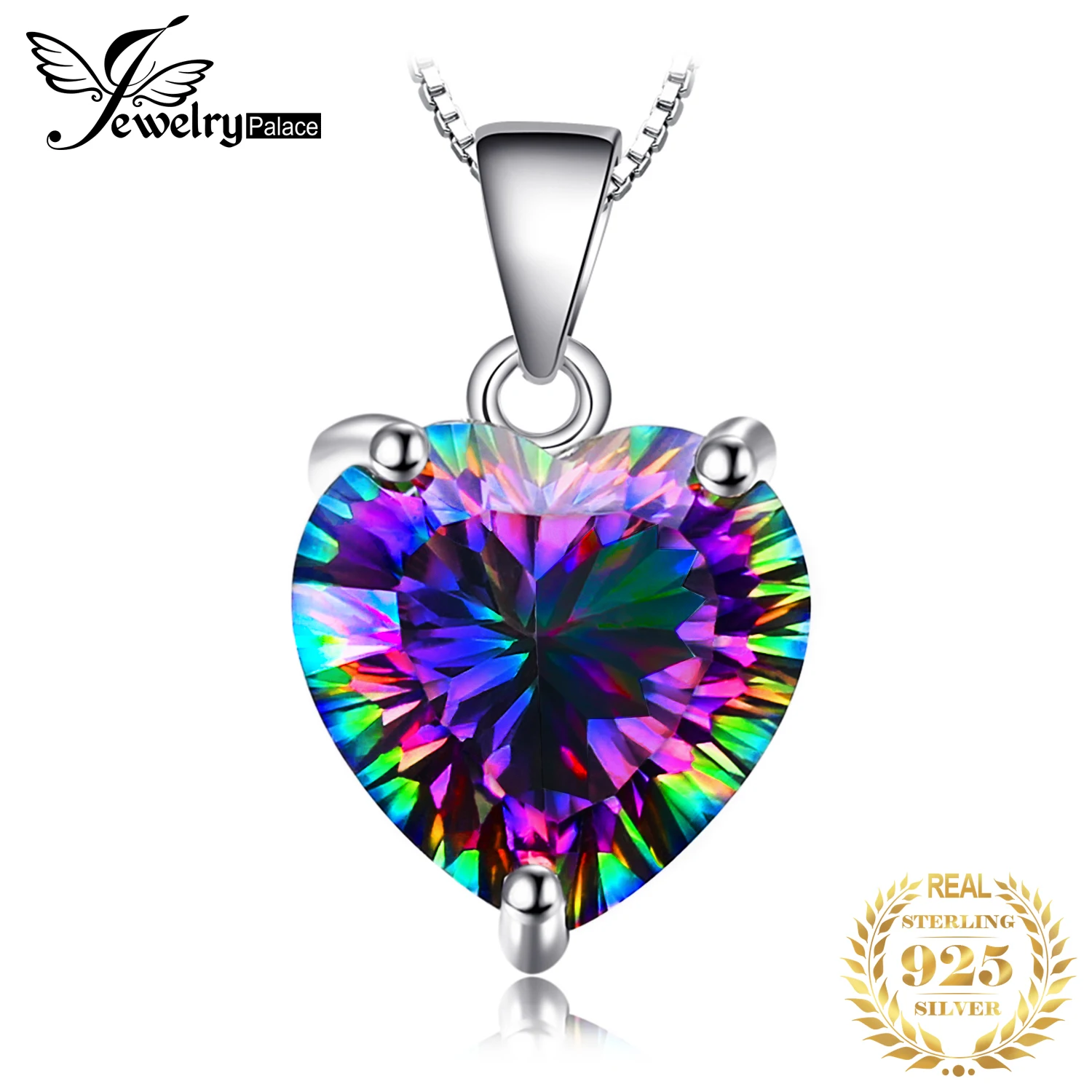 

JewelryPalace Heart Natural Rainbow Fire Mystic Quartz 925 Sterling Silver Pendant Necklace for Women Gemstone Choker No Chain