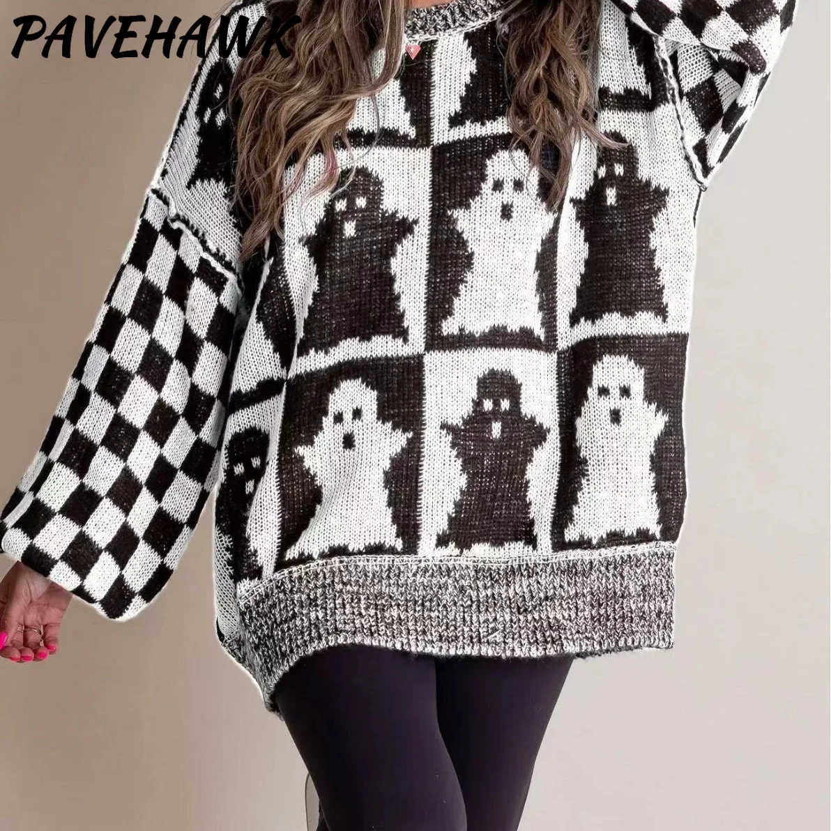 Women Halloween Pattern Print Sweaters Autumn Winter Harajuku O Neck Loose Pullovers Streetwear Casual Party Female Knitted Tops