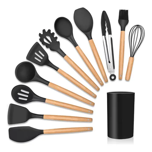 Kit Utensílios De Cozinha Jogo Completo 12 Peças Silicone Cor Preto