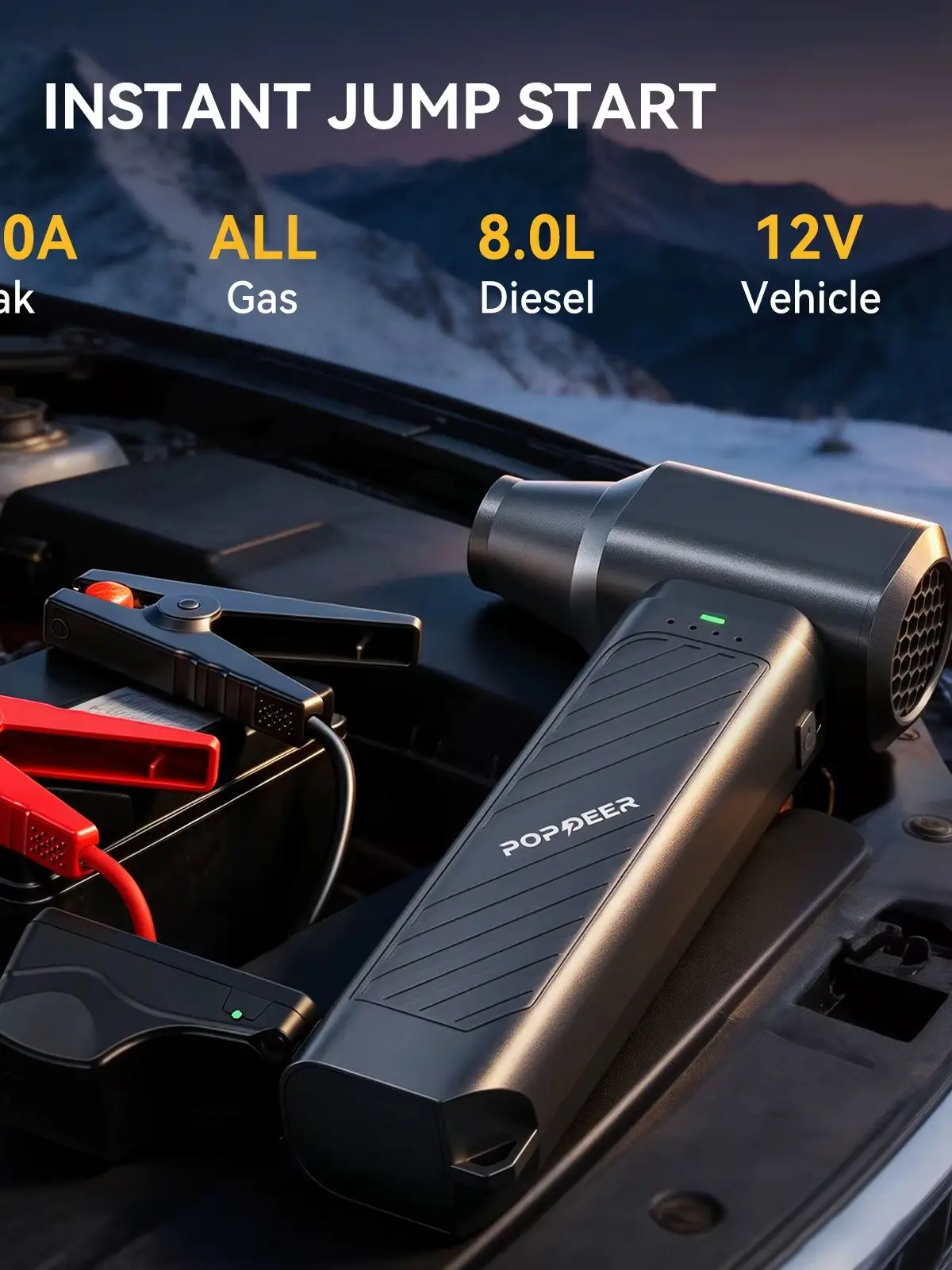 POPDEER PD-JT40 5000A Starthilfe mit Turbo-Lüfter, 65W Schnellladung, 16000mAh Akku, 4-Modus-LED-Licht für Alle Benzin-/8,0L-Diesel-Fahrzeuge