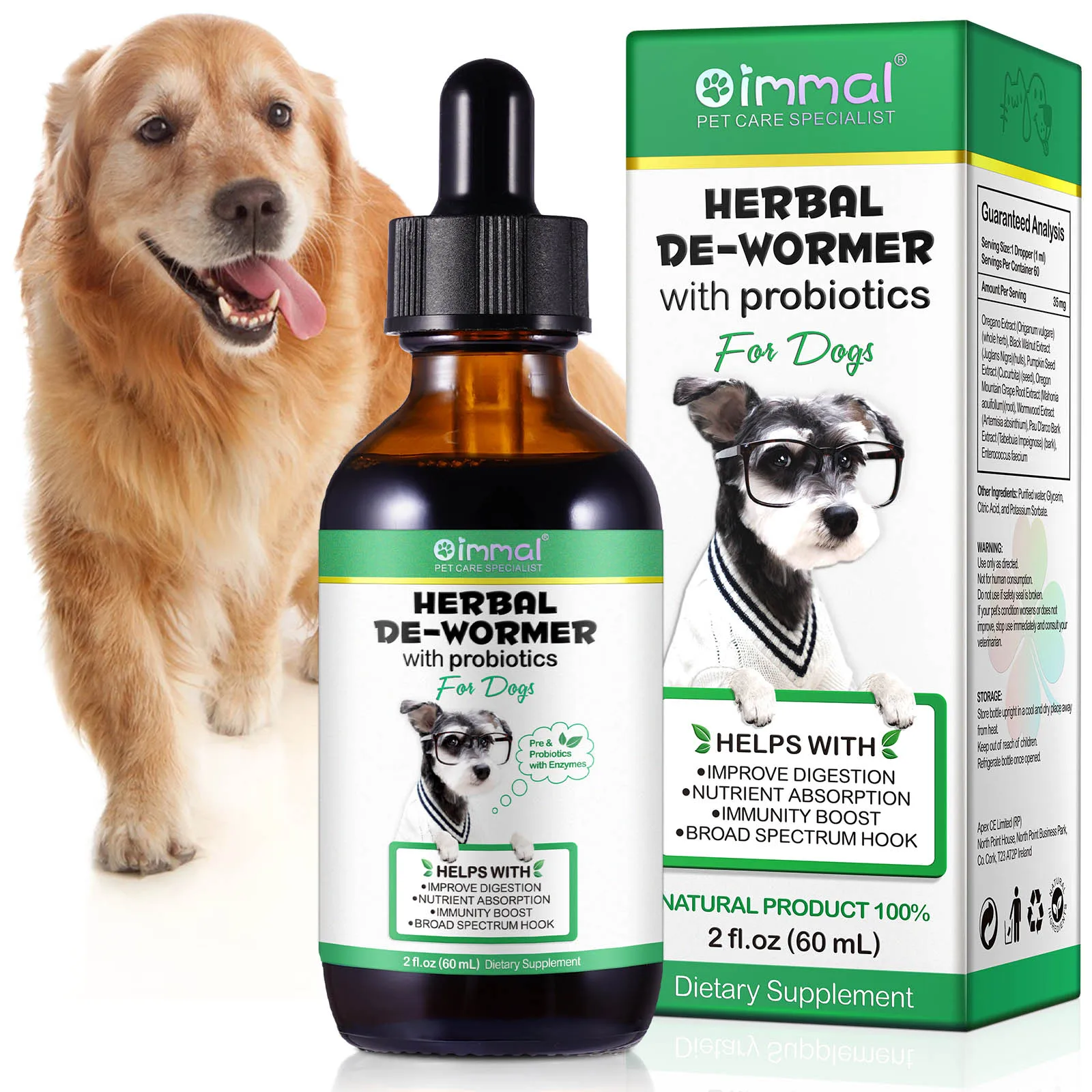 Liquid Drops Herbal Dewormer with Probiotics Improve Digestion Nutrient Absorption Immunity Boost Broad Spectrum Hook for Dogs