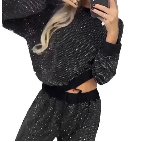 Sequins Long Sleeve Set Casual with Regular Sleeve Japanese Korean Casual High Manganese Wash No Pattern Women Winter Set