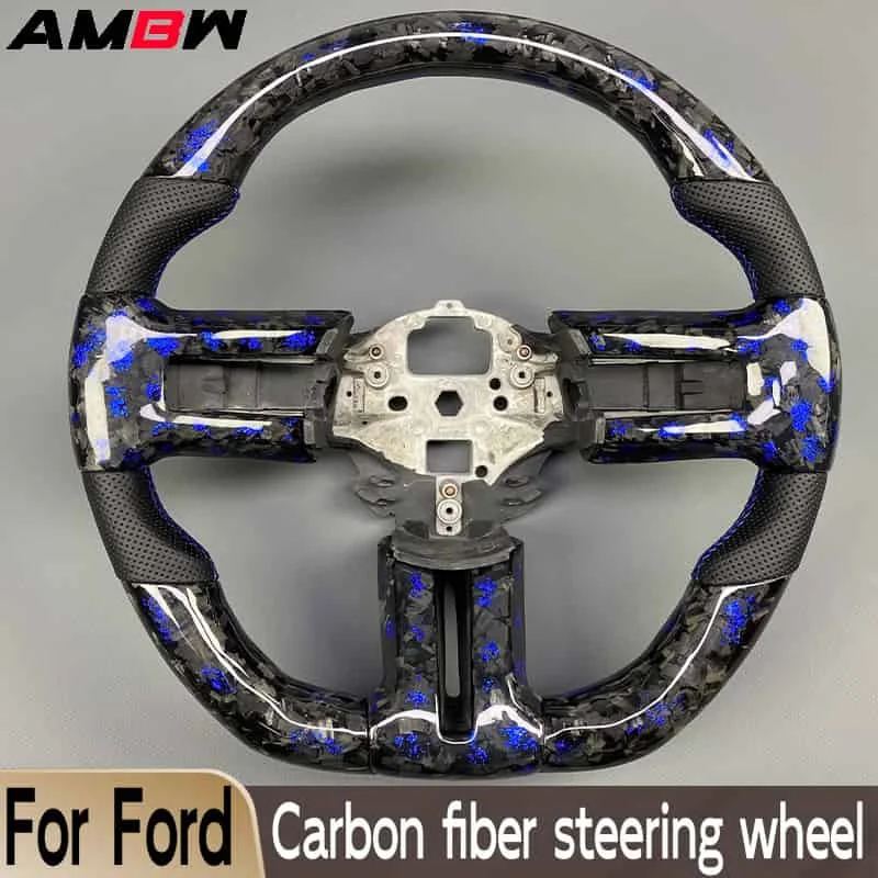 

Синий кованый руль из углеродного волокна на заказ для Ford Mustang 2010 1011 2012 2013 2014, перфорированная кожа