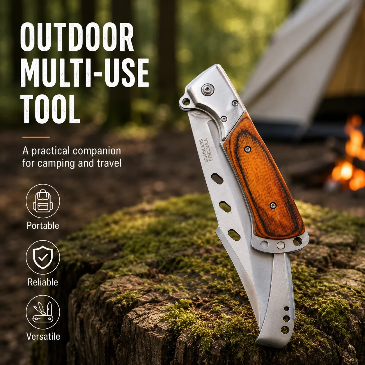 Tragbares Folkmesser mit Holzgriff - Stahl-Multitool für Camping, Wandern und Outdoor-Aktivitäten