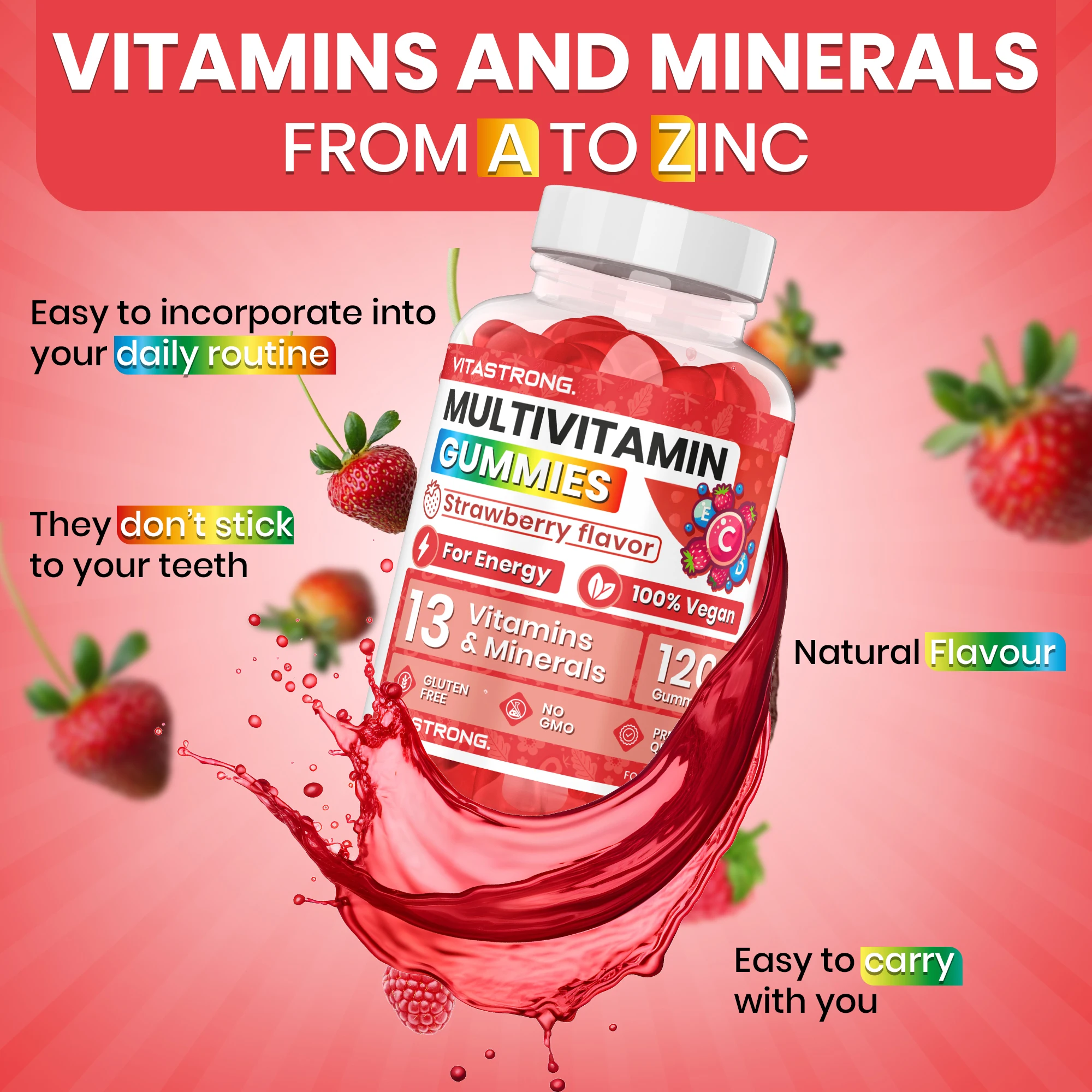 فيتامينات متعددة كاملة 120 علكة فيتاسترونج، 13 فيتامينات ومعادن، مكمل غذائي متعدد الفيتامينات معقدة للبالغين نباتيًا بدون سكروز، علكة فيتامينات متعددة مع الفيتامينات والزنك واليود والفيتامينات #5