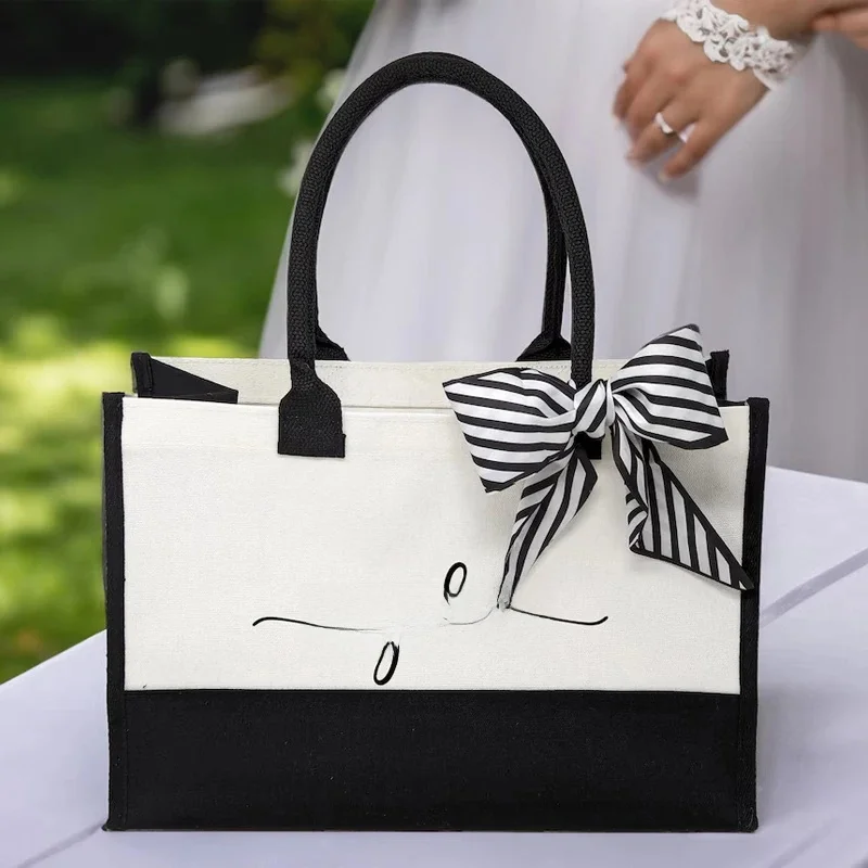 Spersonalizowane torby z monogramem dla kobiet druhna torba plażowa ślubna dla nowożeńców Baby Shower bardzo duże torby na prezenty z juty — zdjęcie 2