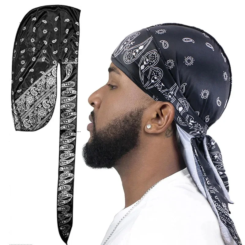 Nouveaux hommes Satin Paisley imprimé Durag Turban Bandanas chapeaux soyeux DuRag Doo chiffon longue queue Pirate chapeau vague casquettes cheveux accessoires