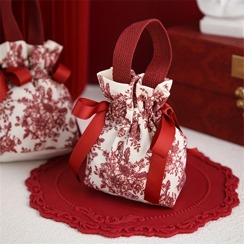 10pcs Elegant Canvas Drawstring Pouches Jewelry Storage Reusable Candy Red Bag for Party Favors Decor Souvenirs Gifts Packing  ﻿