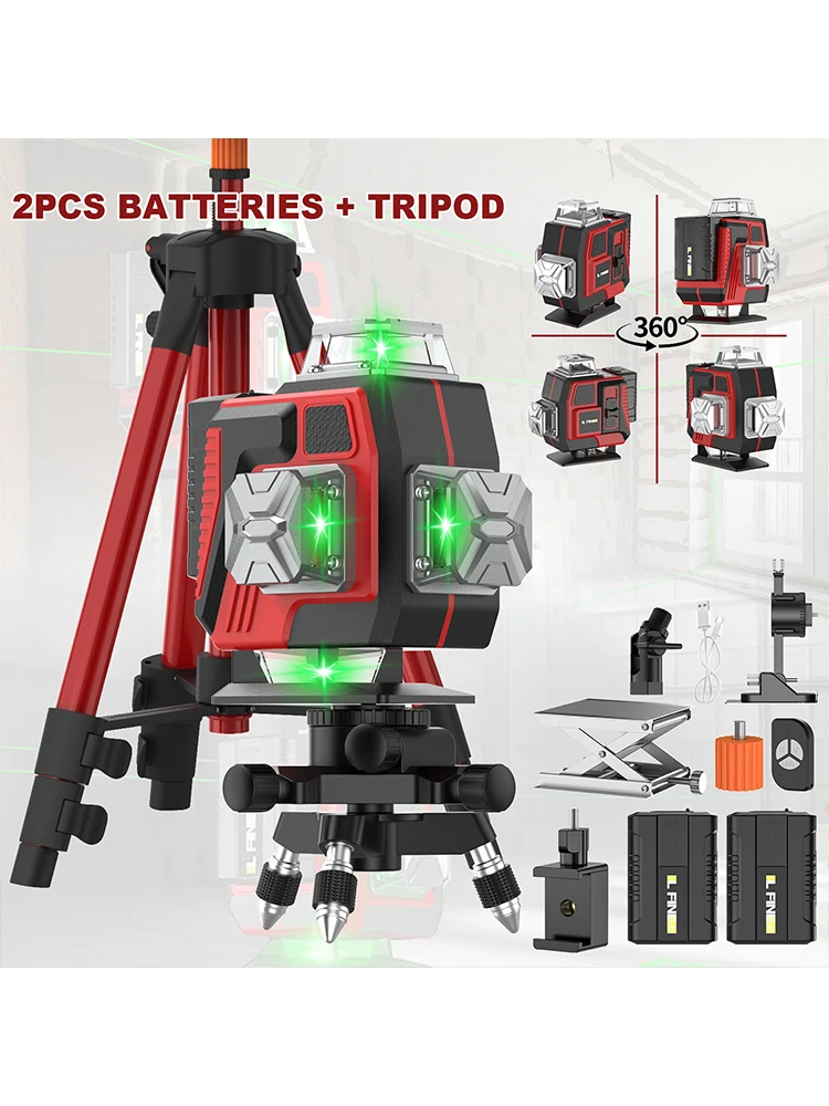 16-liniowy zielony laserowy poziomica laserowa 4D samopoziomująca 4*360 ° Poziomica laserowa pozioma i pionowa do prac budowlanych w domu — 2