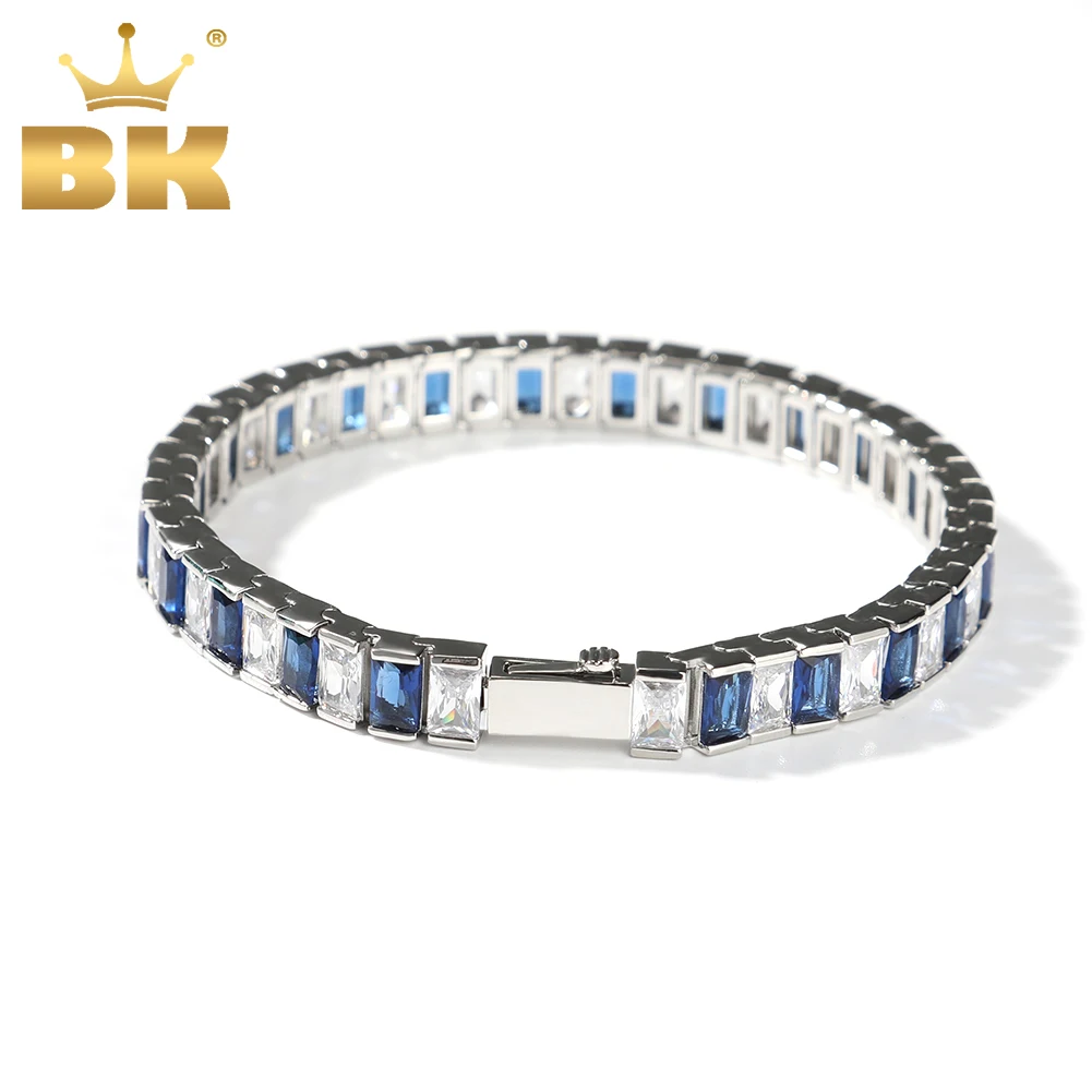 THE BLING KING 8mm Baguettecz Bracelet Mix Blue White Stones Spring Clasp Bracelet Iced Out Cubic Zirconia Luxury Jewelry