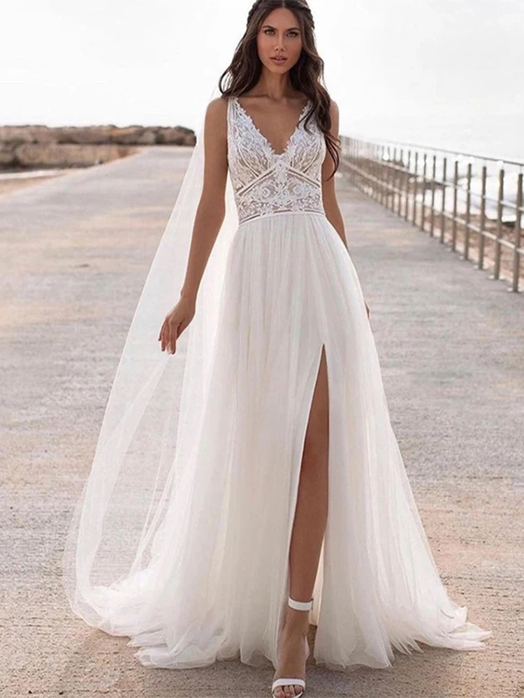 V Neck Tulle Boho Wedding Dress Lace 2023 Split Open Back Sleeveless A-Line Civil Bridal Gown Charming Bohemian Unique Vestido