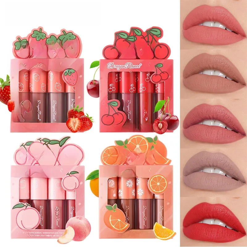 Mini veludo fosco lip gloss set, não-desbotamento, antiaderente copo, de longa duração, frutas