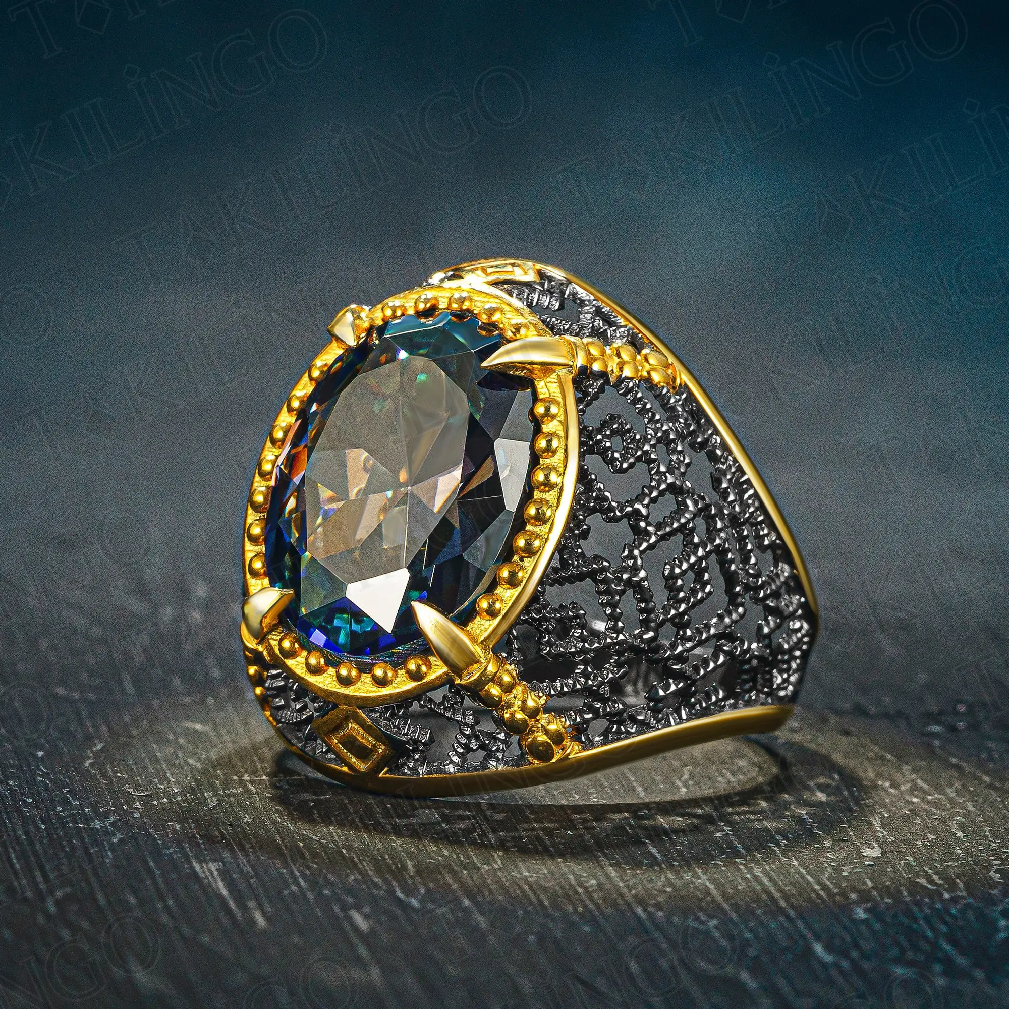 

Gold-Plated Stamped Solid 925 Sterling Silver Black Rhodium Plated Blue Topaz Stone Men's Ring High Quality Jewelery Gift Him