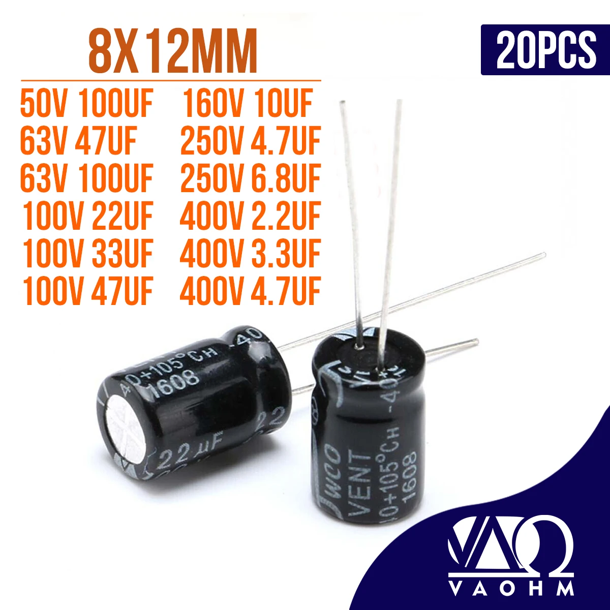 20PCS 2.2UF 3.3UF 4.7UF 10UF 22UF 33UF 47UF 100UF 50V 63V 100V 160V 250V 400V Aluminum Electrolytic Capacitor 8X12MM