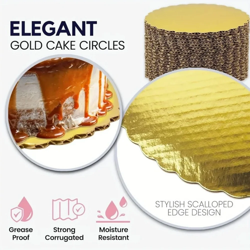 5pcs Cake Board 8/10inch Round Gold-Cardboard Cake Circle Plate Scallop Edge Grease Proof Cardboard Circles for Wedding Birthday