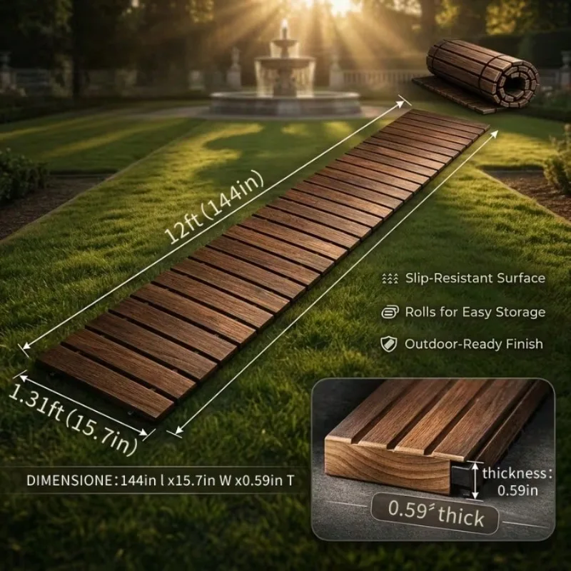 Roll‑Up Wooden Garden Walkway, Weather Resistant Roll‑Out Portable Wood Pathway, Non‑Slip Outdoor Boardwalk for Backyard Lawn Beach Patio Wedding Landscaping Decor