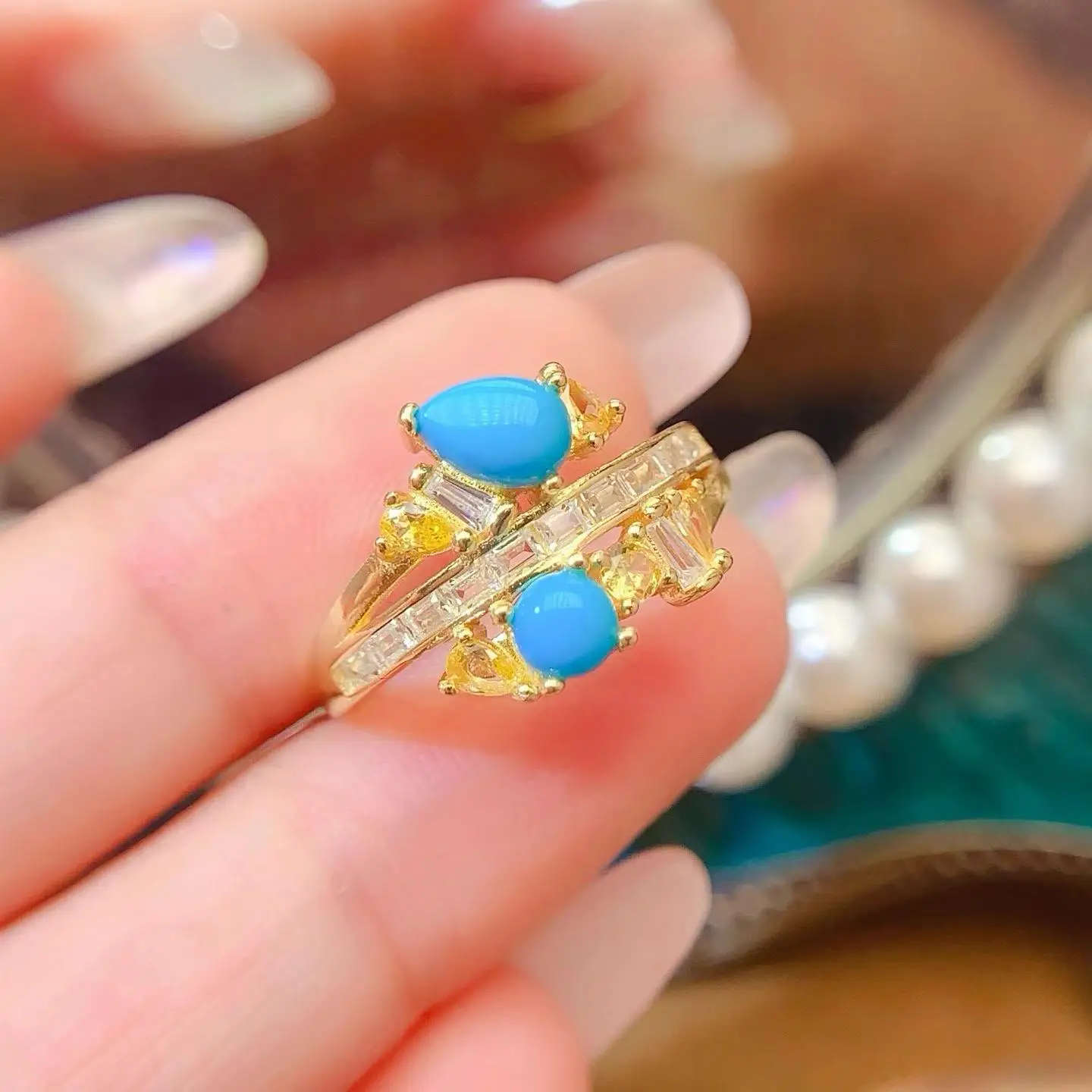 KJJEAXCMY Premium Jewelry: Women's Ring Featuring Two Turquoise Stones Set in 925 Sterling Silver – An Ideal Gift for Girlfriend