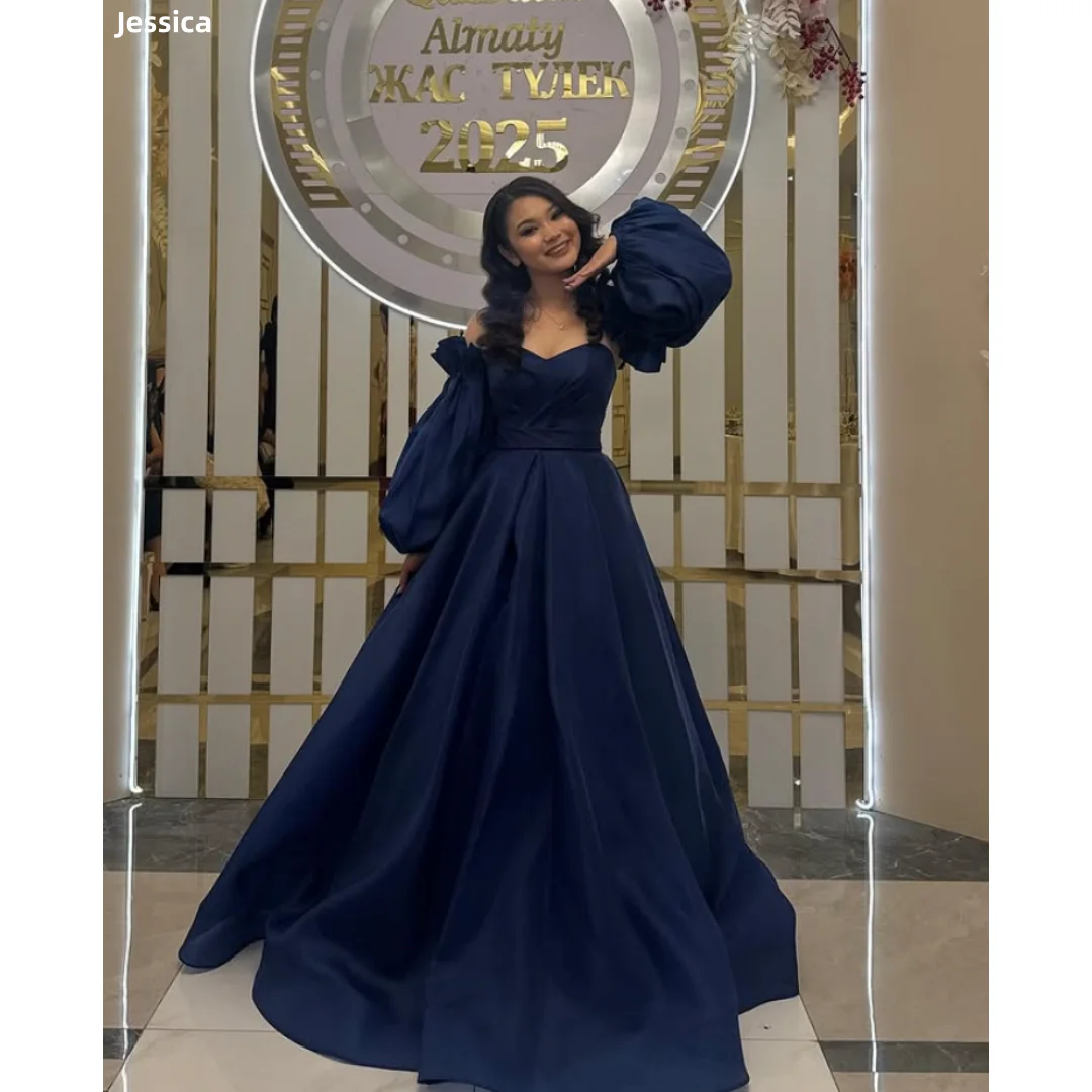 

Jessica Fluffy Puff Long Sleeves Evening Dresses Dark Blue Prom Dresses Elegant Ladies A-line Vestidos De Gala Customized