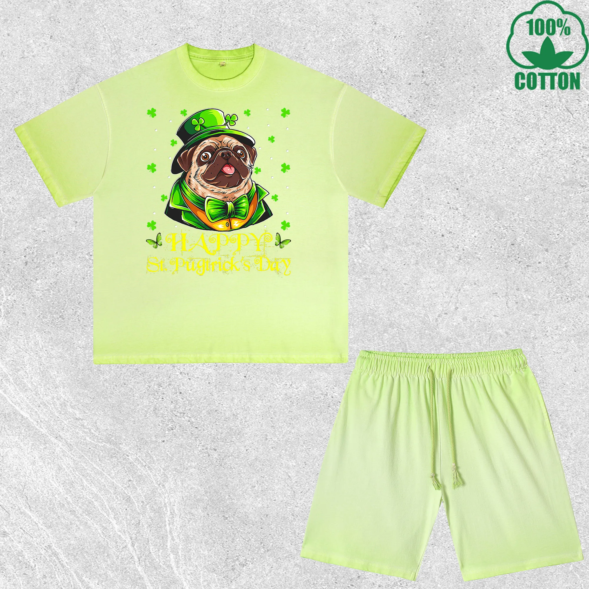 

Happy Saint Patrick Printed Dirty Wash T-Shirt Shorts Set Multicolor Combo Loose Trendy Fashionable 100%Cotton Short Value Pack