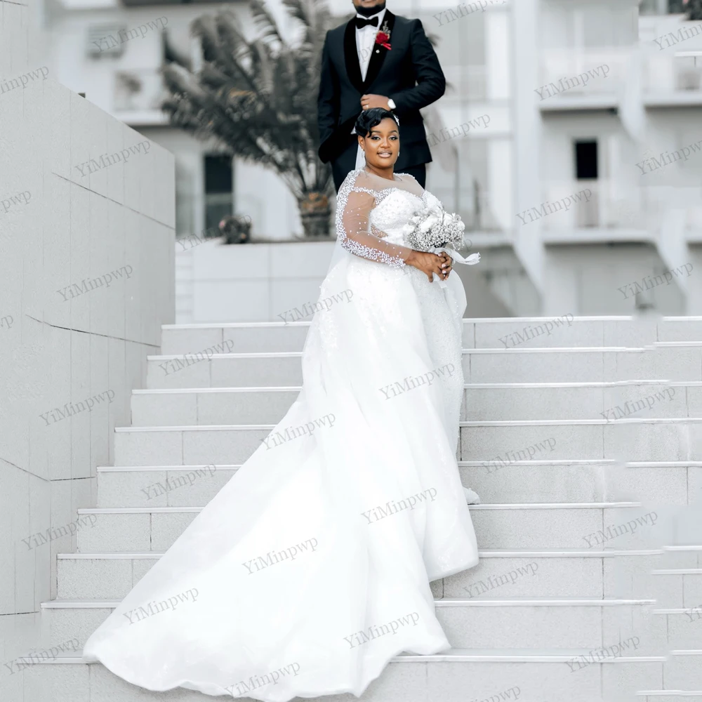 

Свадебные платья 2 в 1, расшитые бисером, с длинным рукавом, белые роскошные платья цвета слоновой кости для африканских женщин, платье русалки по индивидуальному заказу robe de mariée