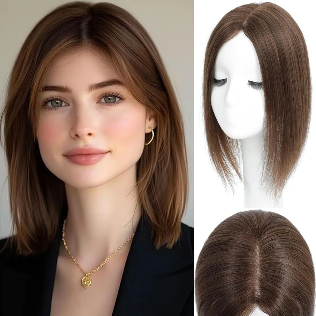 

100% Real Human Hair Toppers for Women No Bang, Clip in Real Hairpieces, Breathable MONO Base for Covering Grayish Thinning Hair